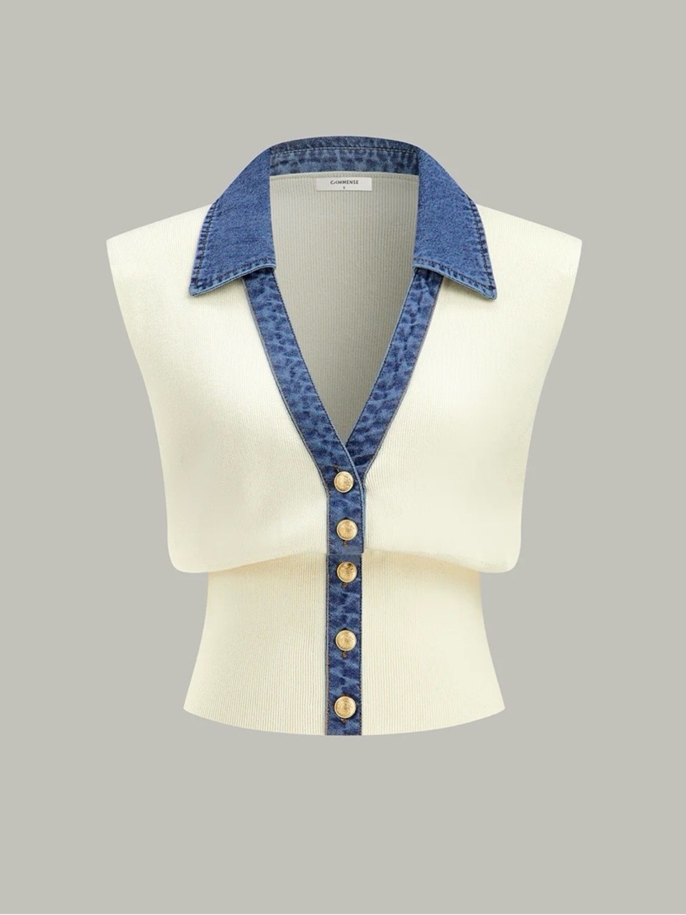 Commense Cream Knit Vest with Blue Denim Trim - Picture 4 of 14